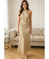 Comprar vestido longo de festa cetim bege frente única drapeado elegante casamento gala alfaiataria barato em promoção ZARA